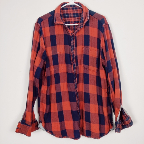 Lee Cooper Men's Plaid Button Down Two Sided Shirt in Orange Black Size Large - Picture 5 of 10